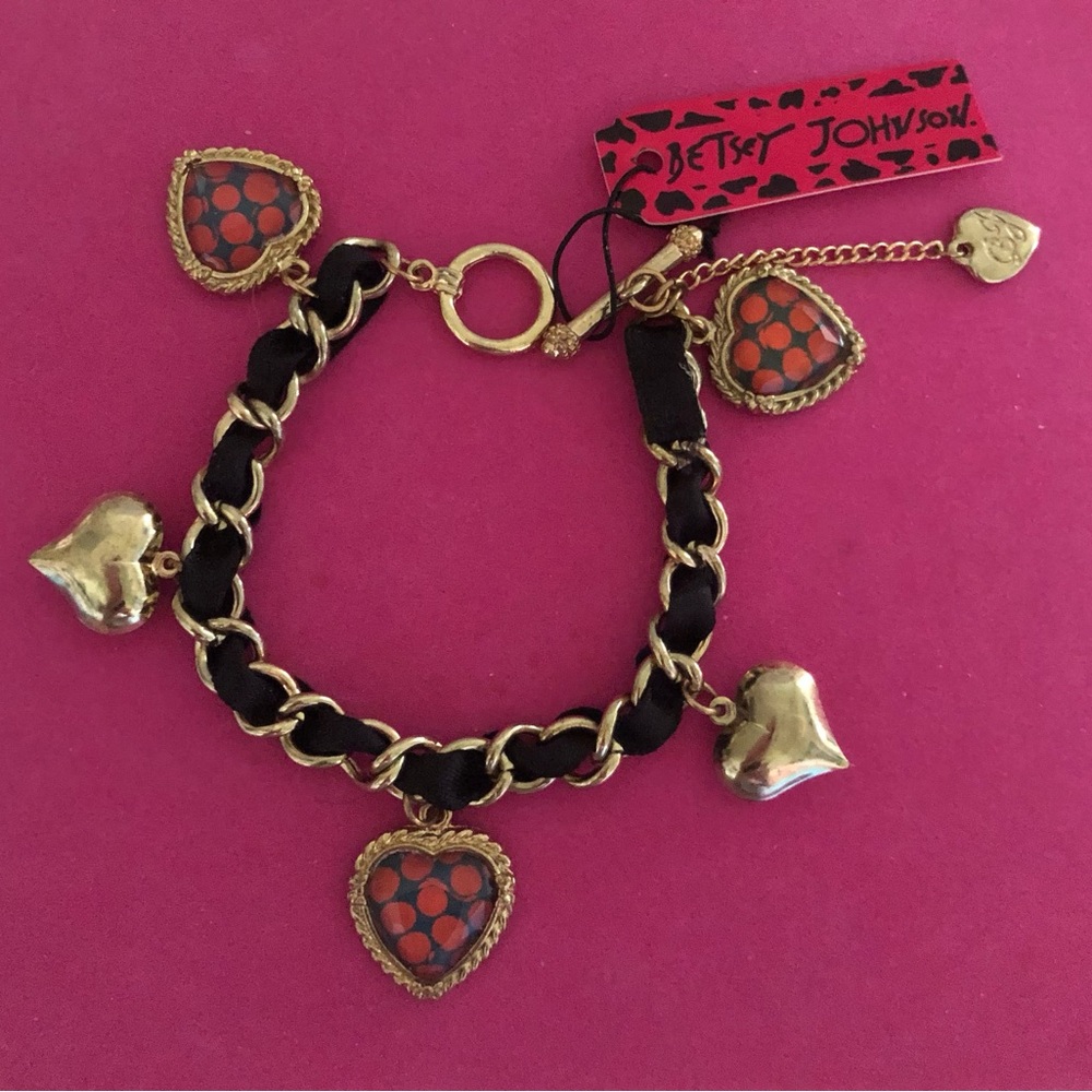 NWT Betsey Johnson Black & Gold Heart Charm Bracelet with Red Polka Dot Accents